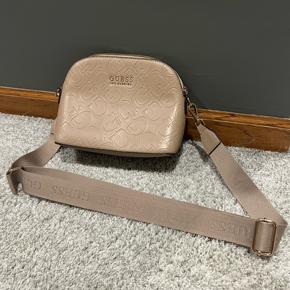 GUESS Nude Embossed Dome Crossbody with Branded Strap